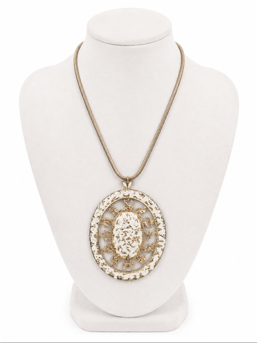 White Oval Filigree “VTG” Pendant Necklace